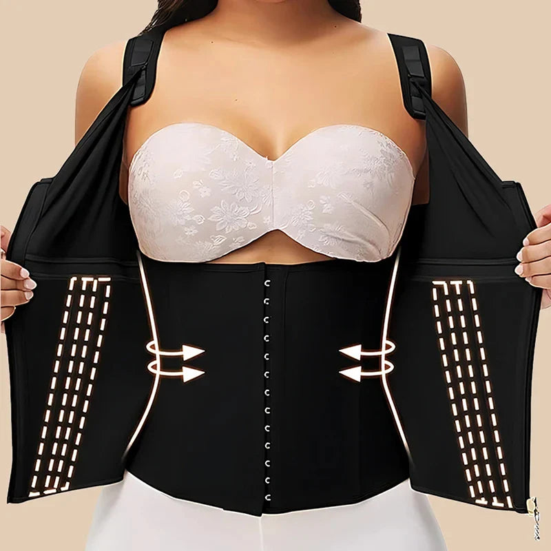 Shapewear Women Colombian Faja Waist Trainer Tummy Control Vest Body Shaper 17 Steel Bones 3-row Hooks Zipper Adjustable Strap